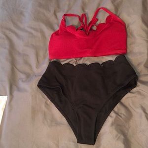 Ribbed Scalloped Color Block Bikini Set